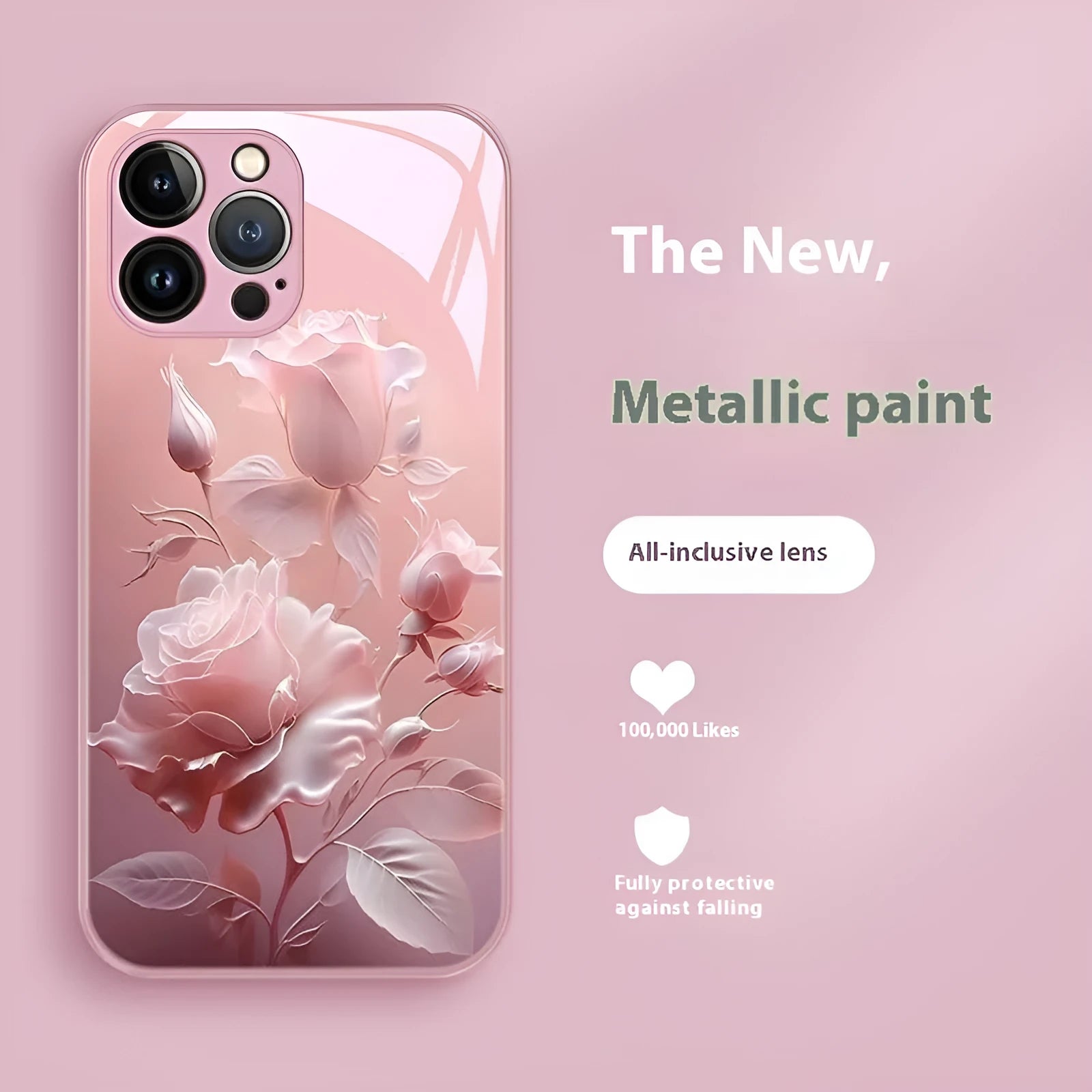 Blooming rose painted tempered glass phone case in pink colour for iPhone 12-15 series