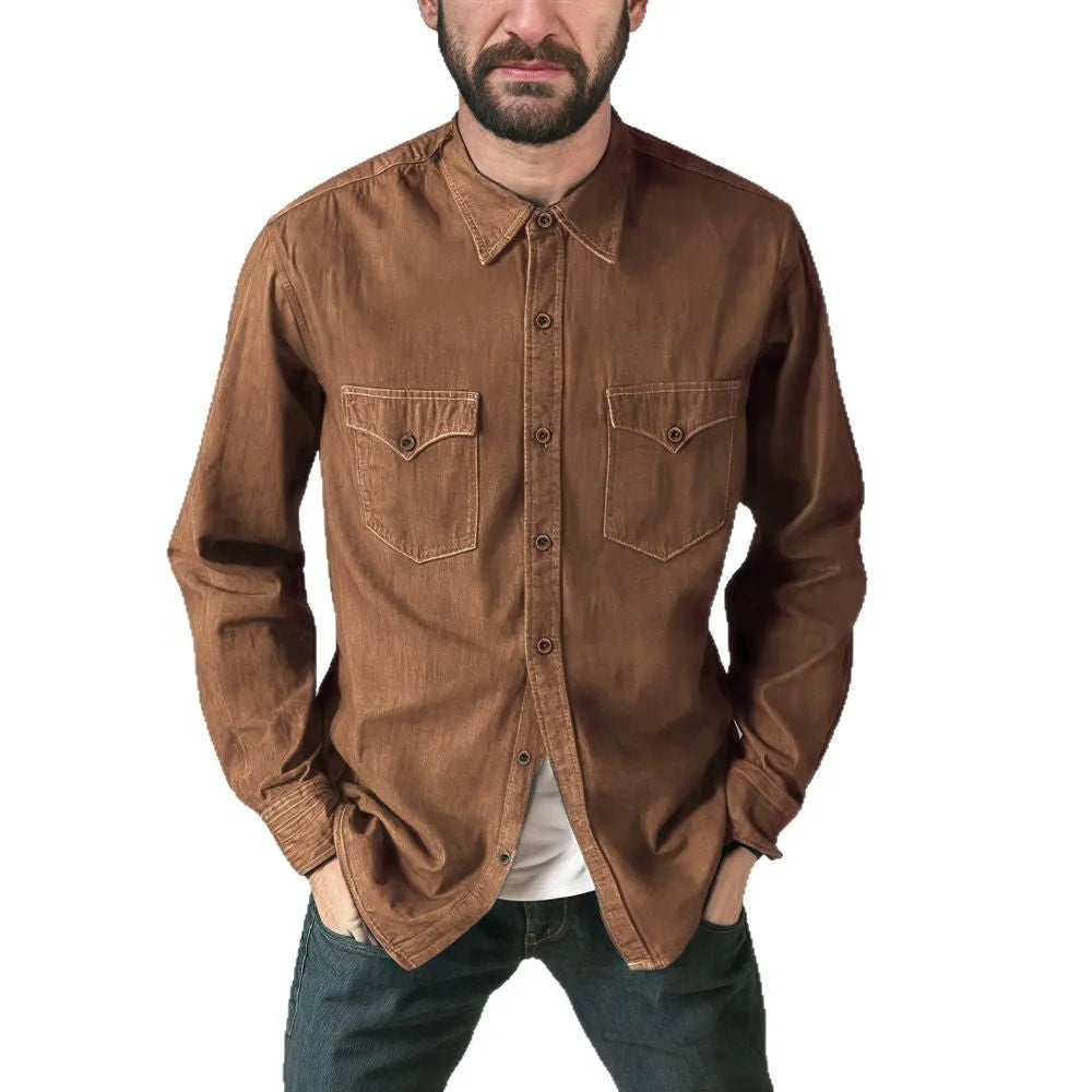 Men's regular fit denim cardigan coat in khaki, shown open as a front layer.