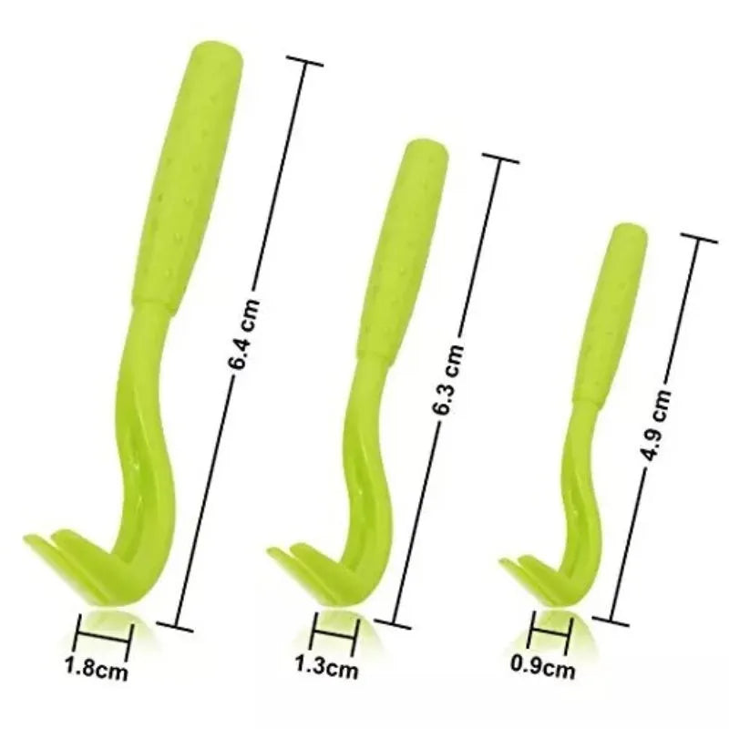 Three plastic tick removal hooks for pet grooming in blue and green colours