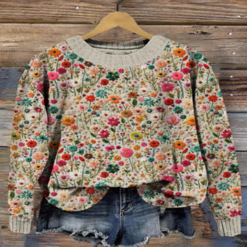 Women's digital printed floral pattern round neck sweater in polyester, shown in one of fourteen available colours.