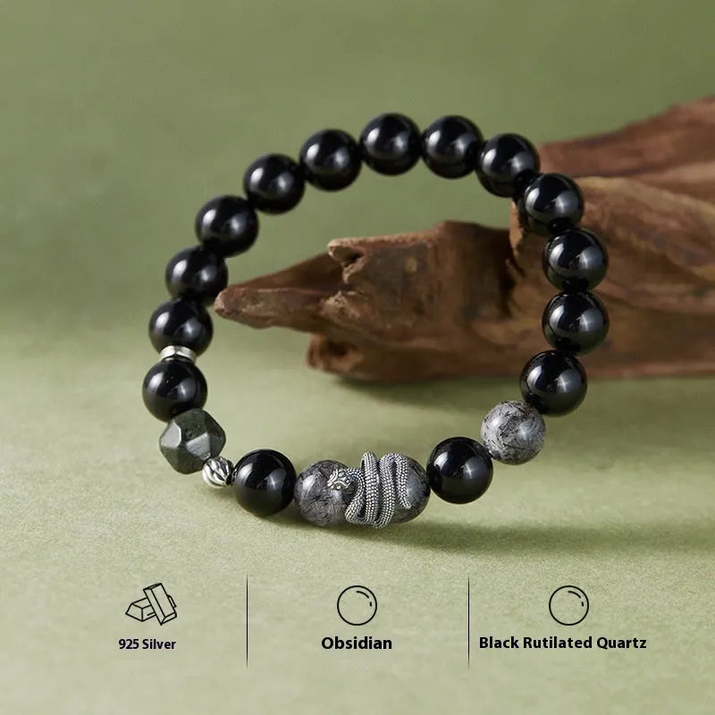S925 Sterling Silver snake year bracelet with obsidian black hair crystal and retro design