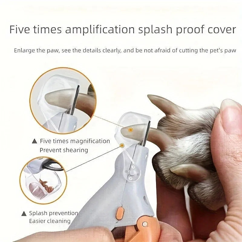 Yellow LED pet nail trimmer with magnifying glass for dogs and cats on a white background.