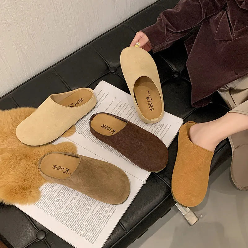 Korean style microfiber slip-on slippers with square toe in apricot colour