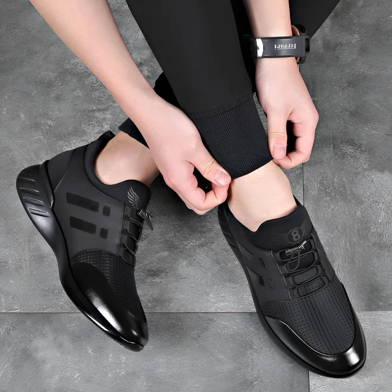 Men's black casual shoes with hidden height increase, available in leather or mesh with a chunky rubber sole.