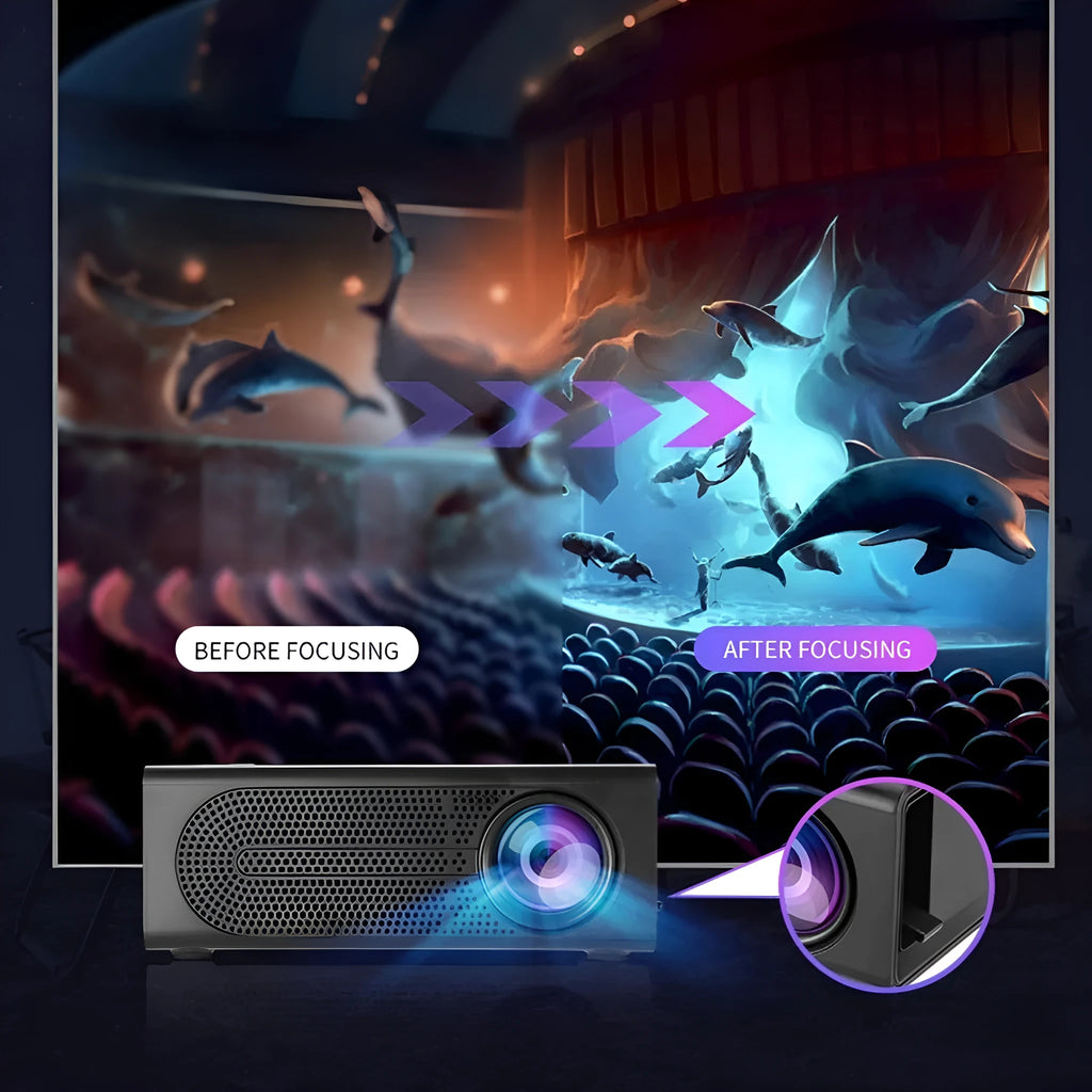 Portable mini projector in black or white colour with wired mobile phone connection and international plugs