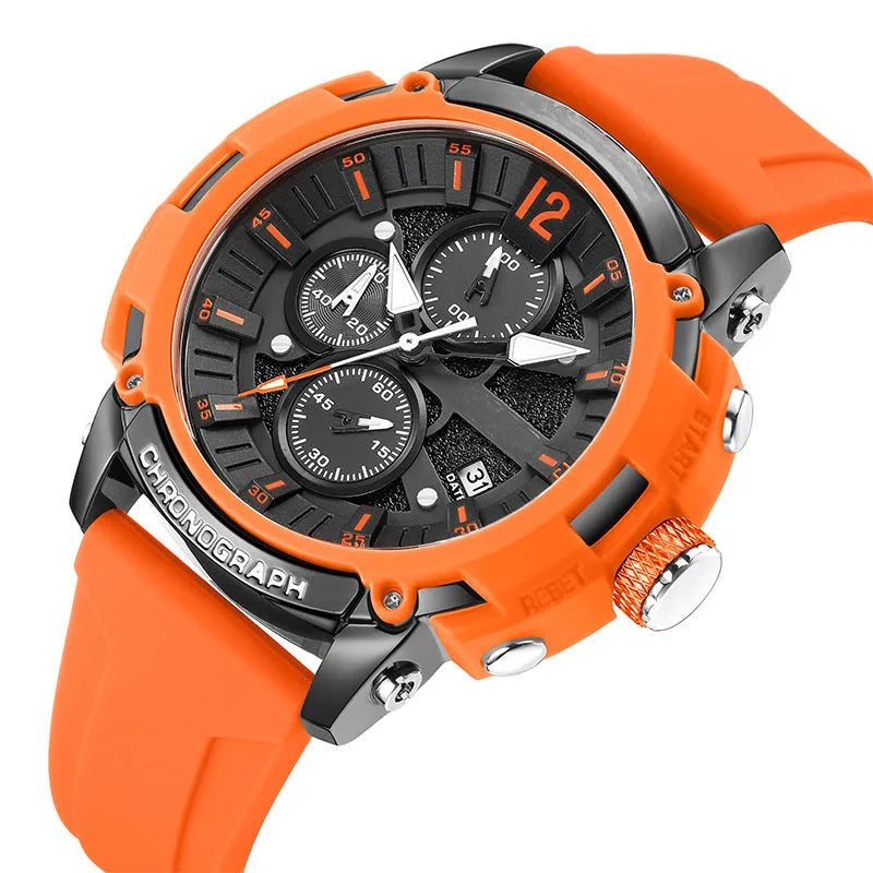 Men's black wristwatch with luminous markers, calendar display, and a 51mm case.