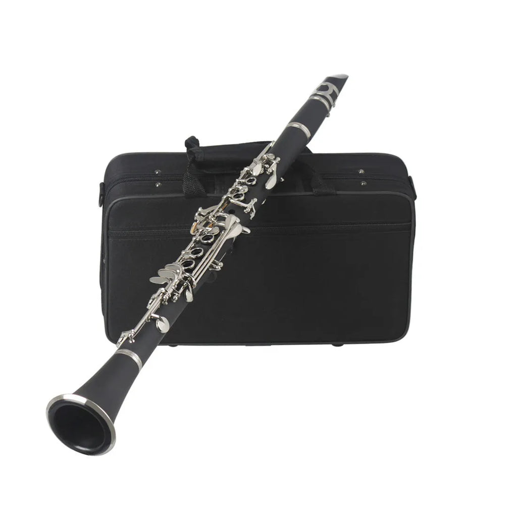 Black bakelite clarinet with 17 nickel keys and a carry bag for beginners.