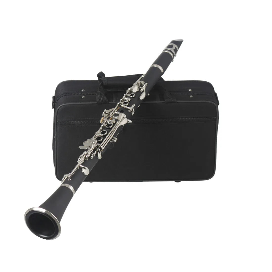 Black bakelite clarinet with 17 nickel keys and a carry bag for beginners.