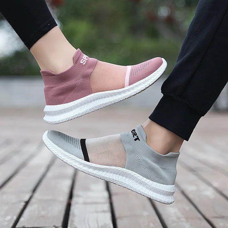 Breathable flyknit low top sock shoes in khaki with lace and hollow details, pair of casual sports shoes