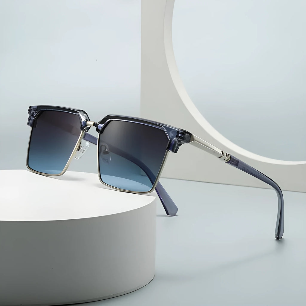 Men's square sunglasses with plastic frame in six colour variations showing black grey green and blue options