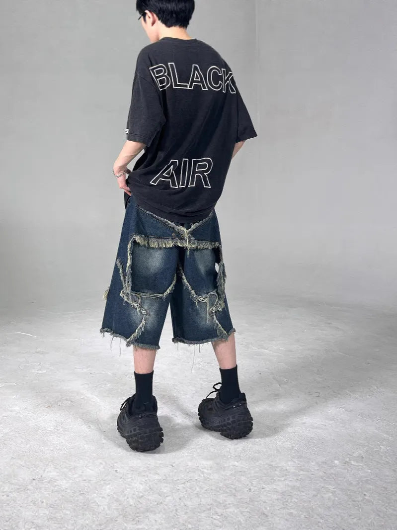 Blue cotton denim shorts with frayed edges and five-pointed star embroidery, loose fit design for men