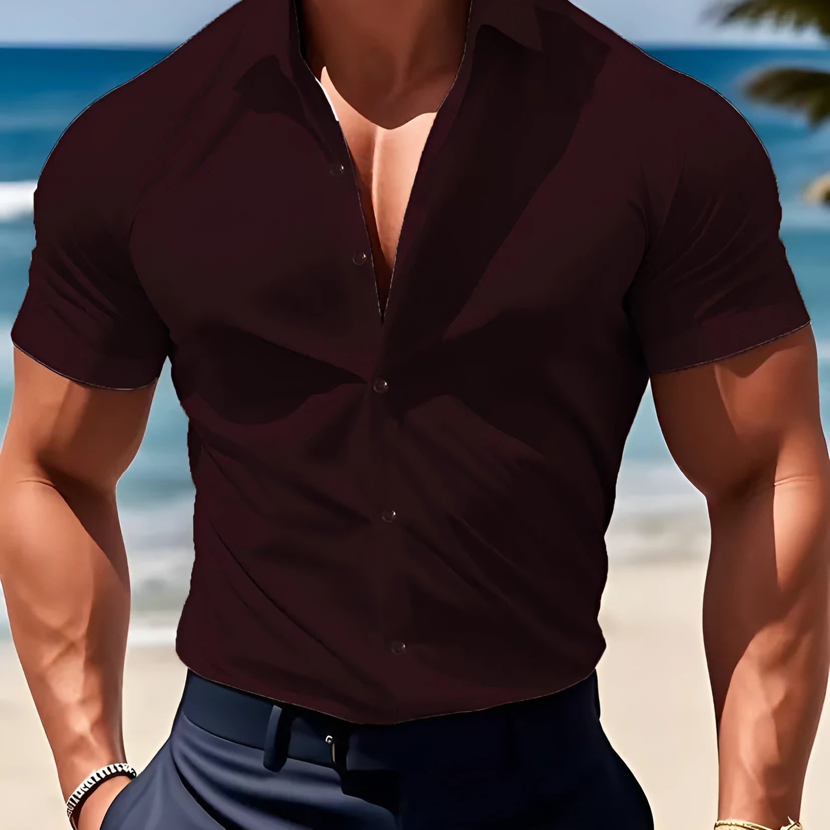 Men's short sleeve collared casual shirt in polyester, available in brown, blue, khaki and other colours.