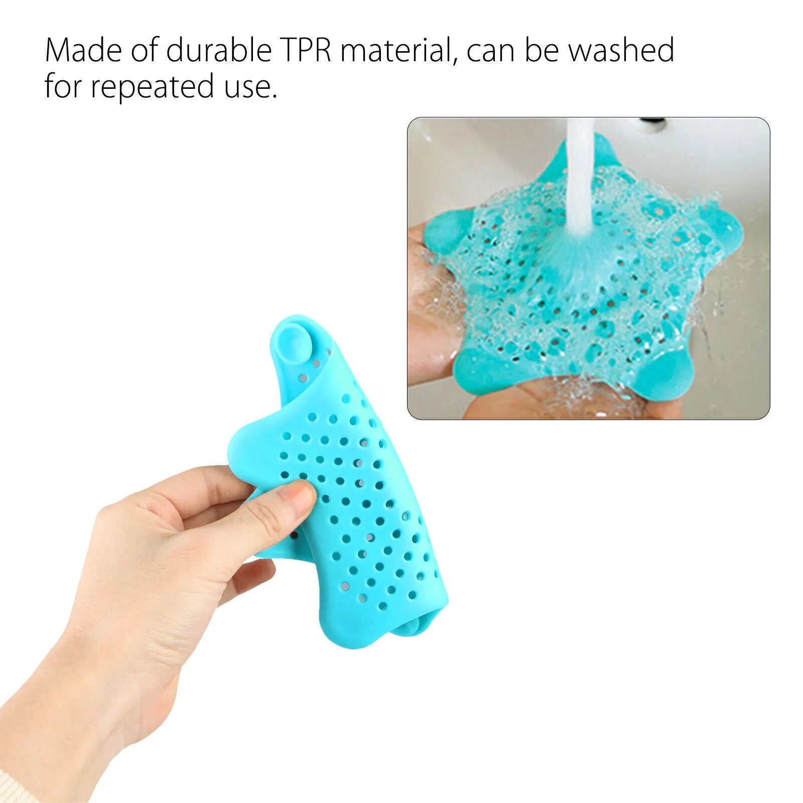Three silicone starfish sink drain strainers in white, blue, and green with suction cups on bottom