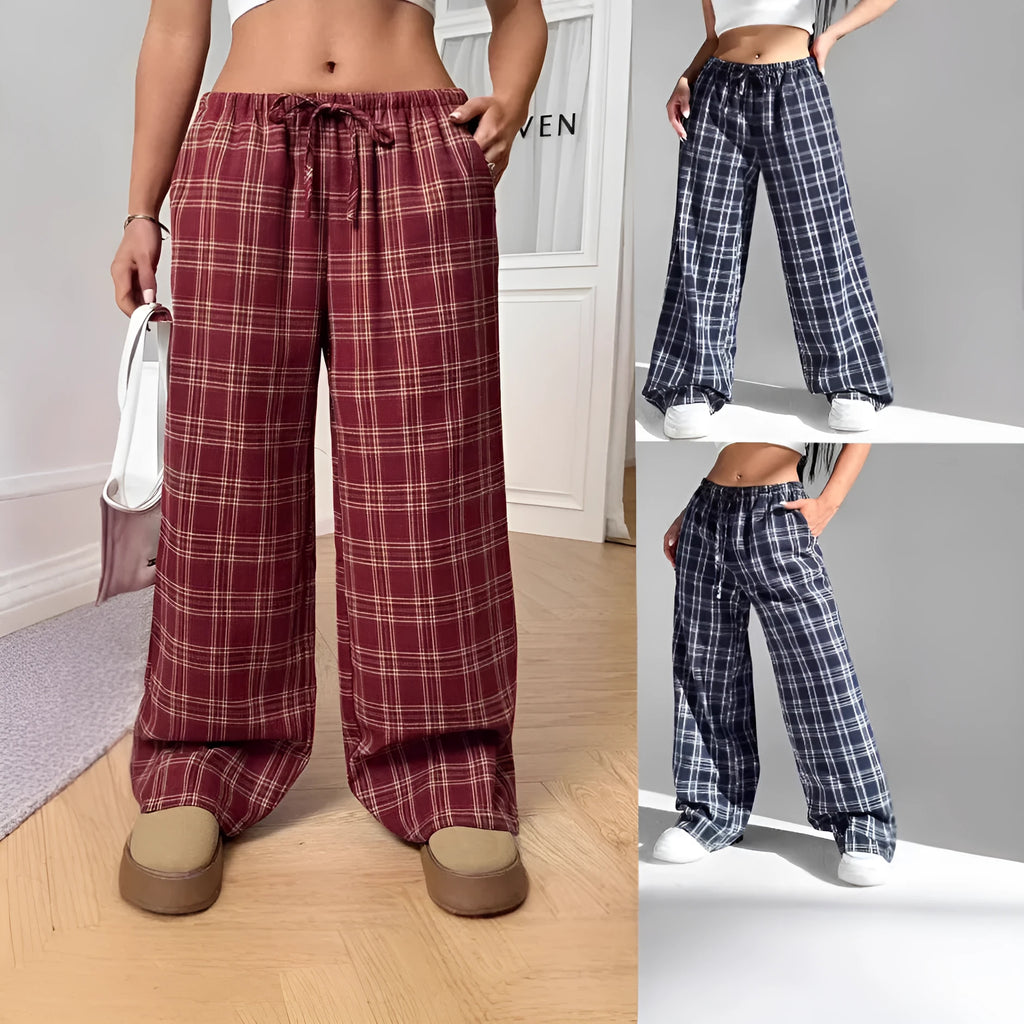 Women's casual loose fit trousers with drawstring waist and plaid pattern in red colour