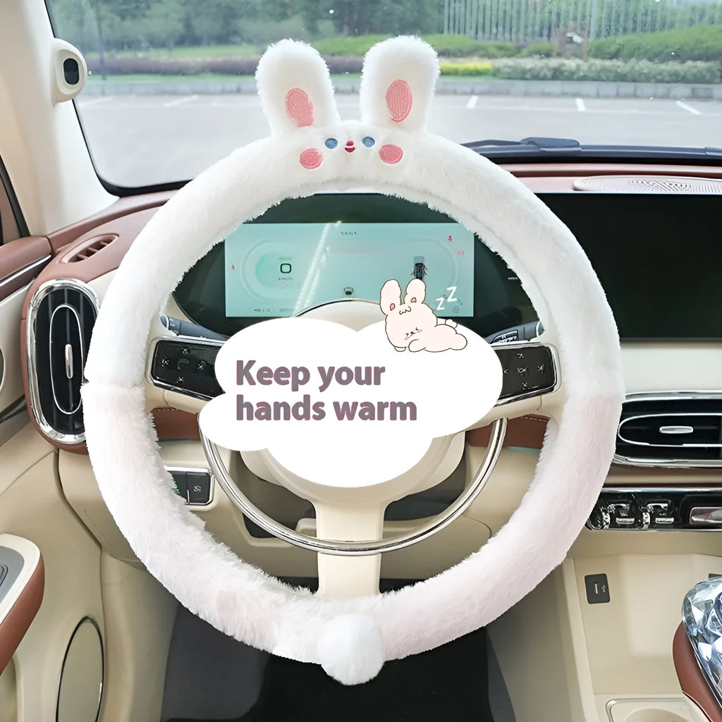 Plush winter car steering wheel cover with embroidered bear motif, designed for 38cm diameter wheels.