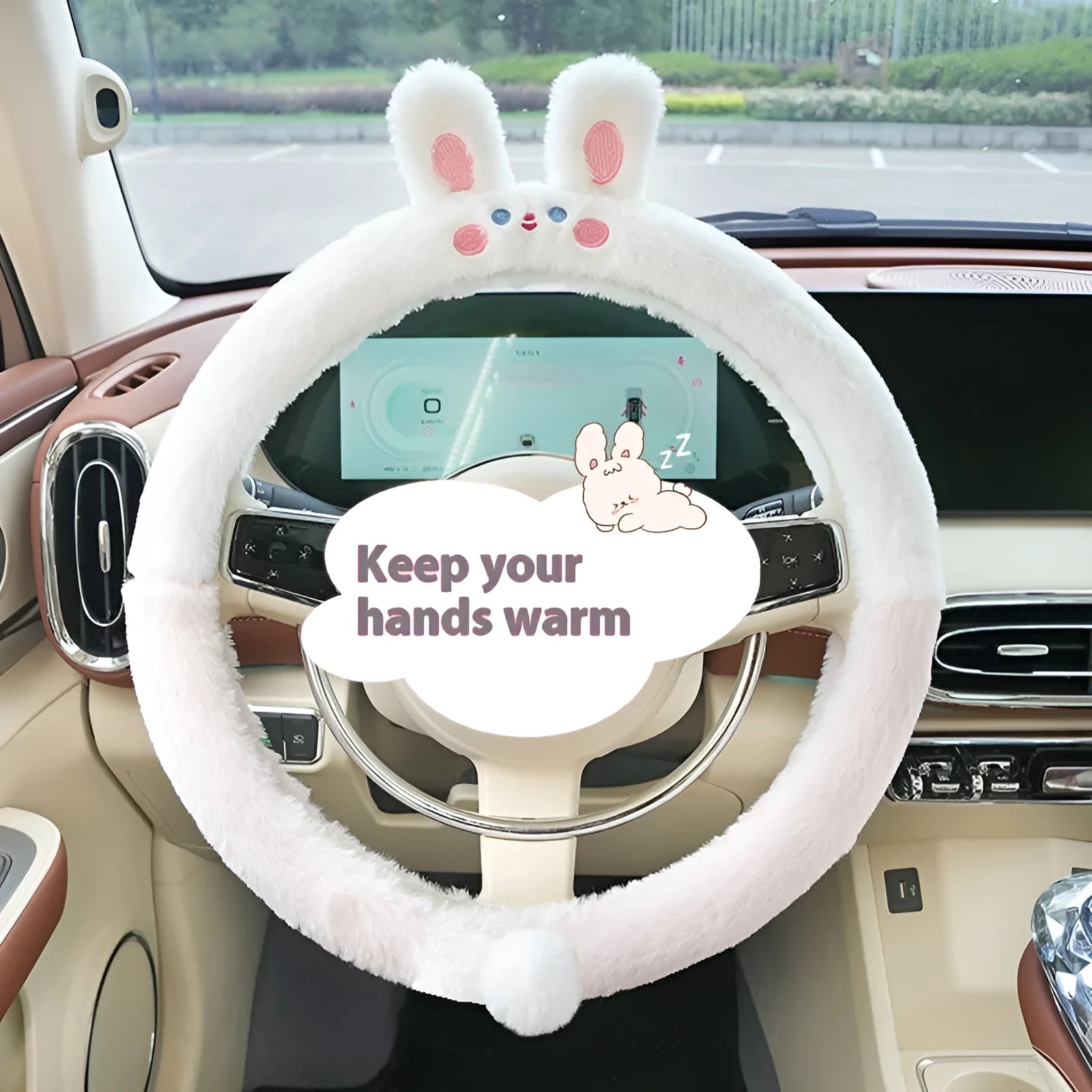 Plush winter car steering wheel cover with embroidered bear motif, designed for 38cm diameter wheels.