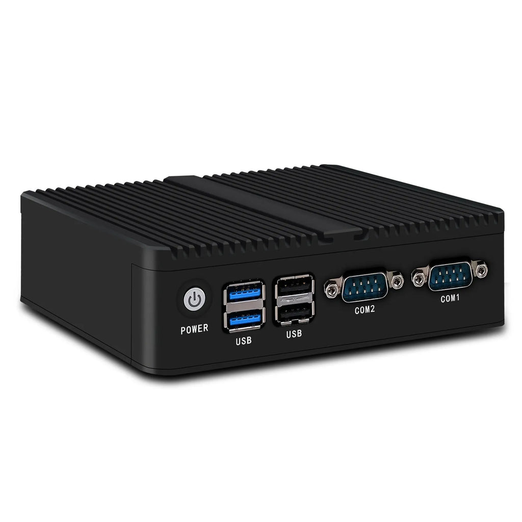 Compact fanless industrial control mini-PC with metal chassis, measuring 13.6 by 12.7 by 4 centimetres.