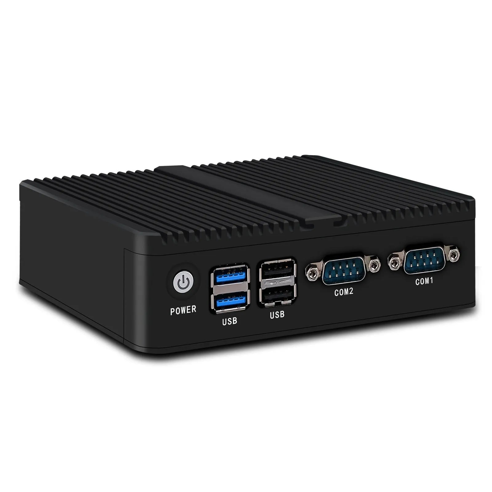 Compact fanless industrial control mini-PC with metal chassis, measuring 13.6 by 12.7 by 4 centimetres.