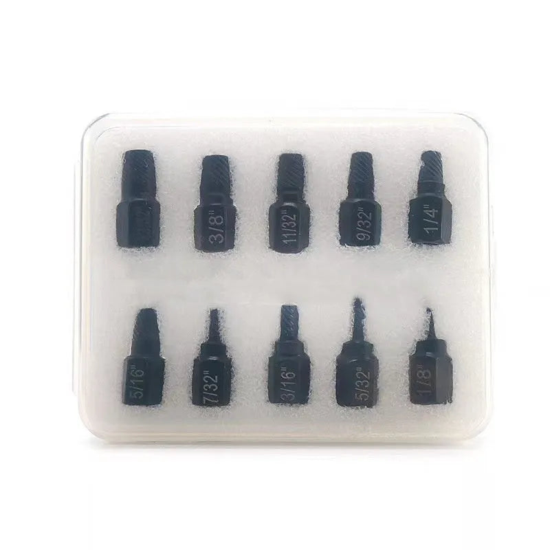 10-piece metal screw extractor set for removing broken studs, no plastic box