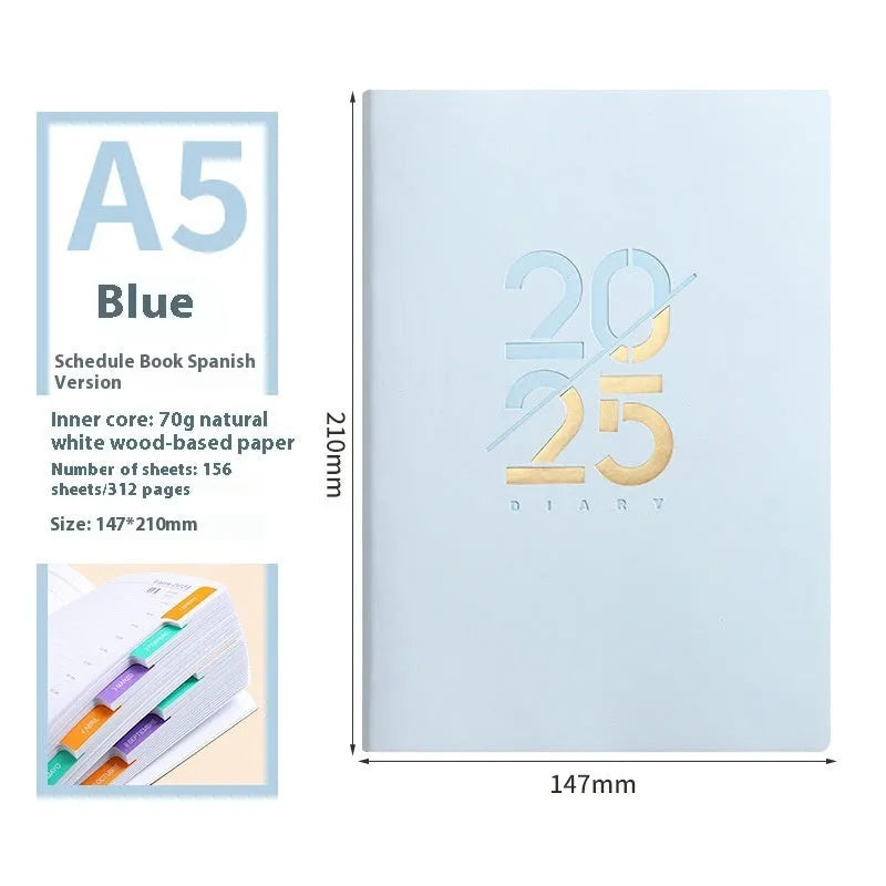 A5 2025 daily schedule book with faux leather cover in blue colour, open to show lined pages and thread binding.