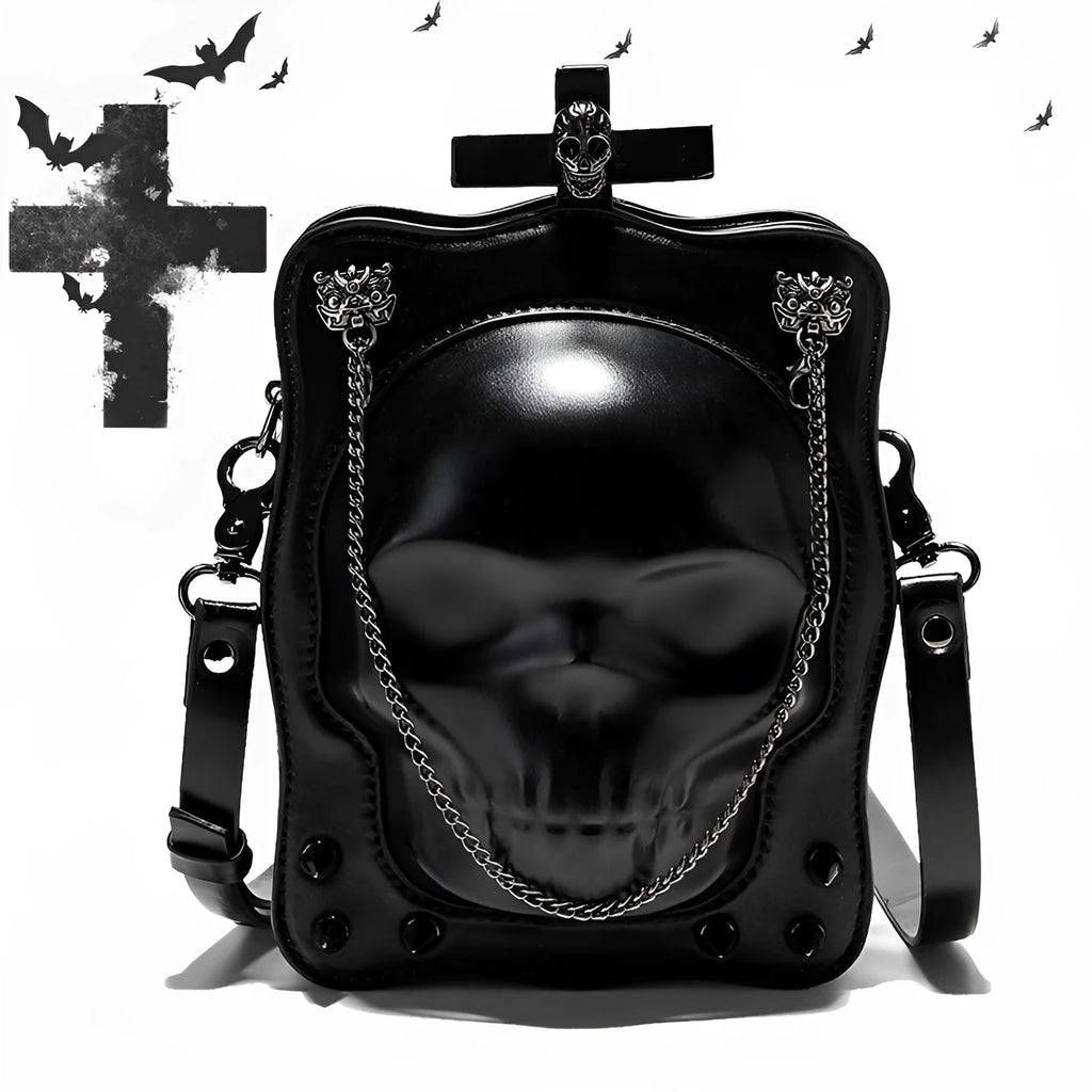 Black gothic skull mini square crossbody messenger bag with chain strap and zip opening