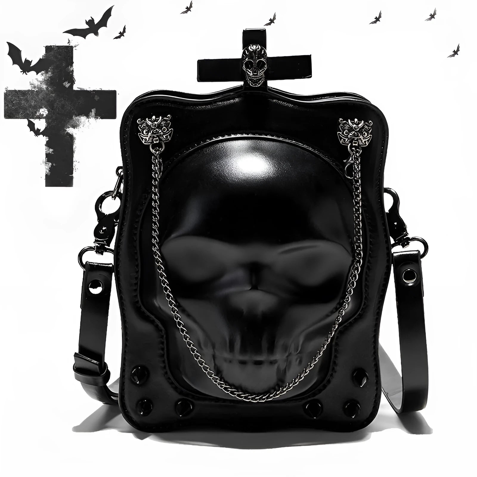 Black gothic skull mini square crossbody messenger bag with chain strap and zip opening