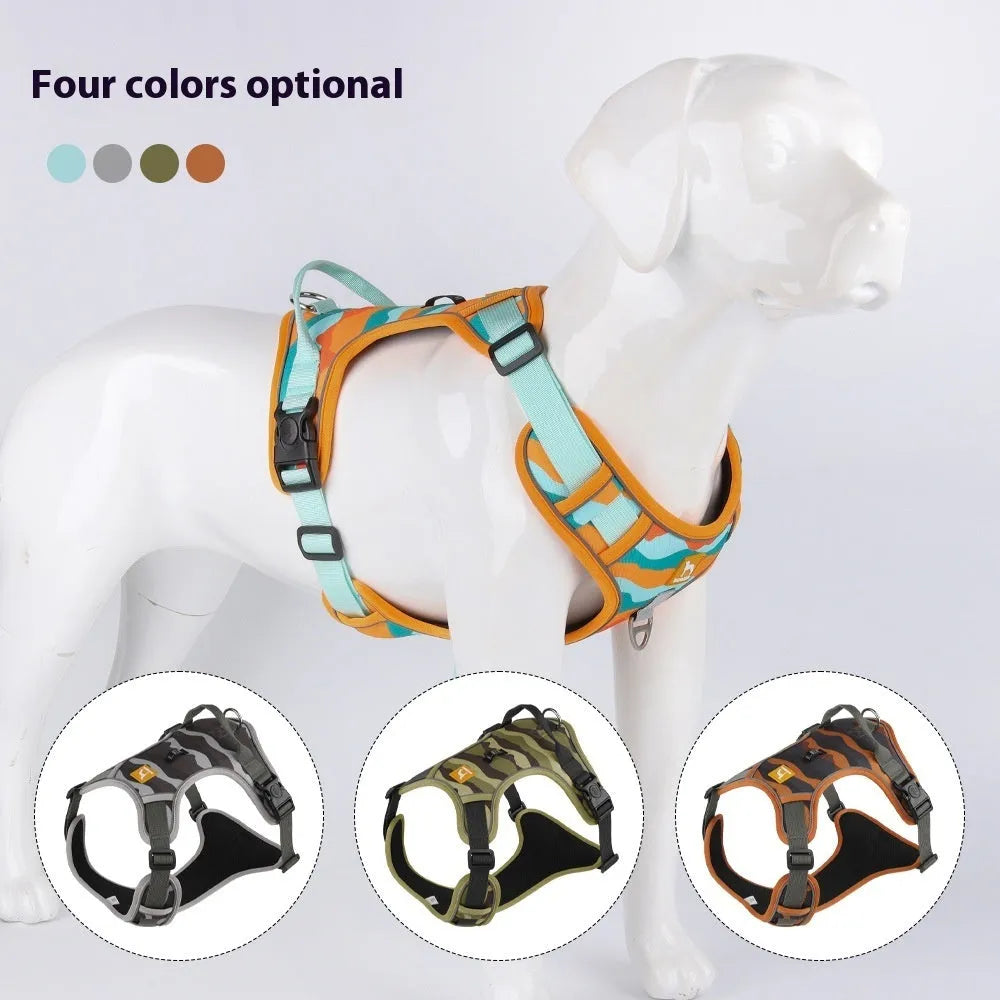 Reflective orange Oxford cloth dog lead with two black handles, shown on a dog's back and chest.