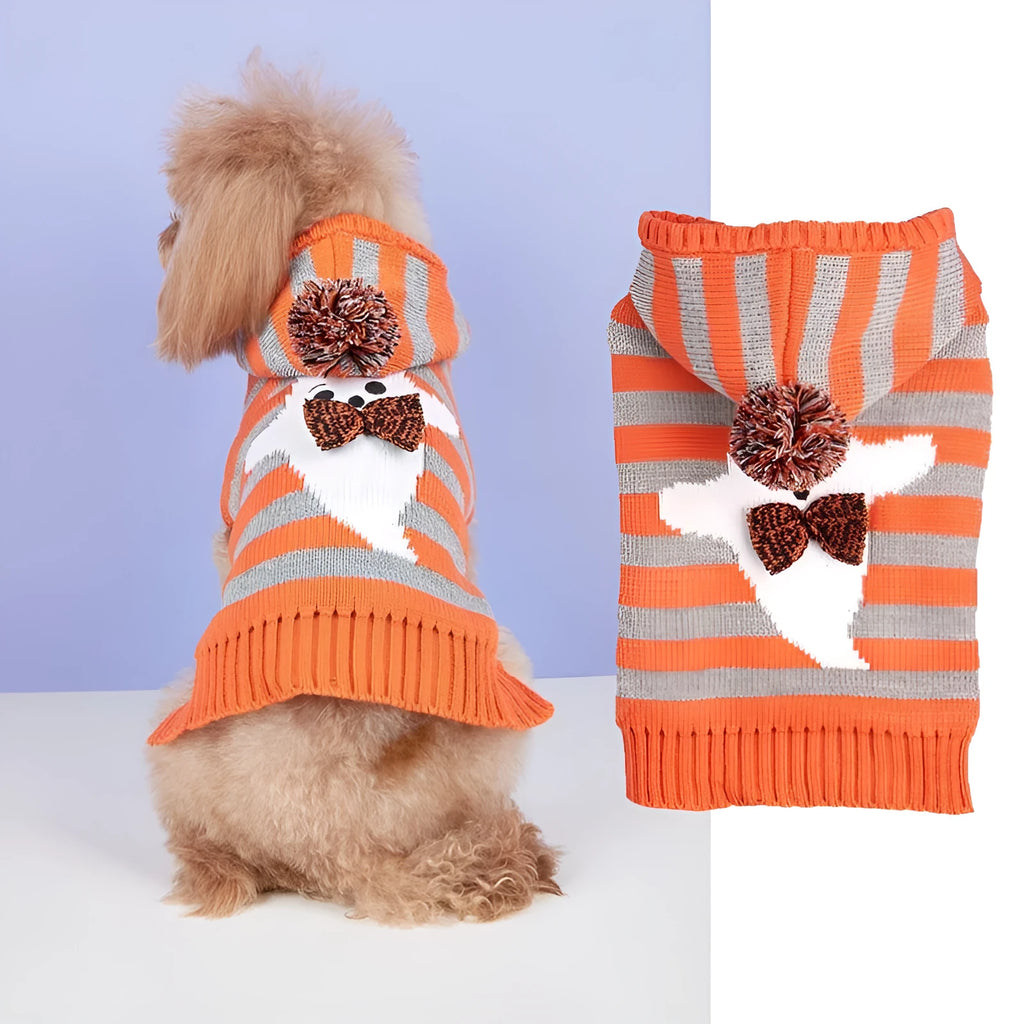 Orange knitted hooded pet sweater with contrast stripes and fur ball for small dogs and cats