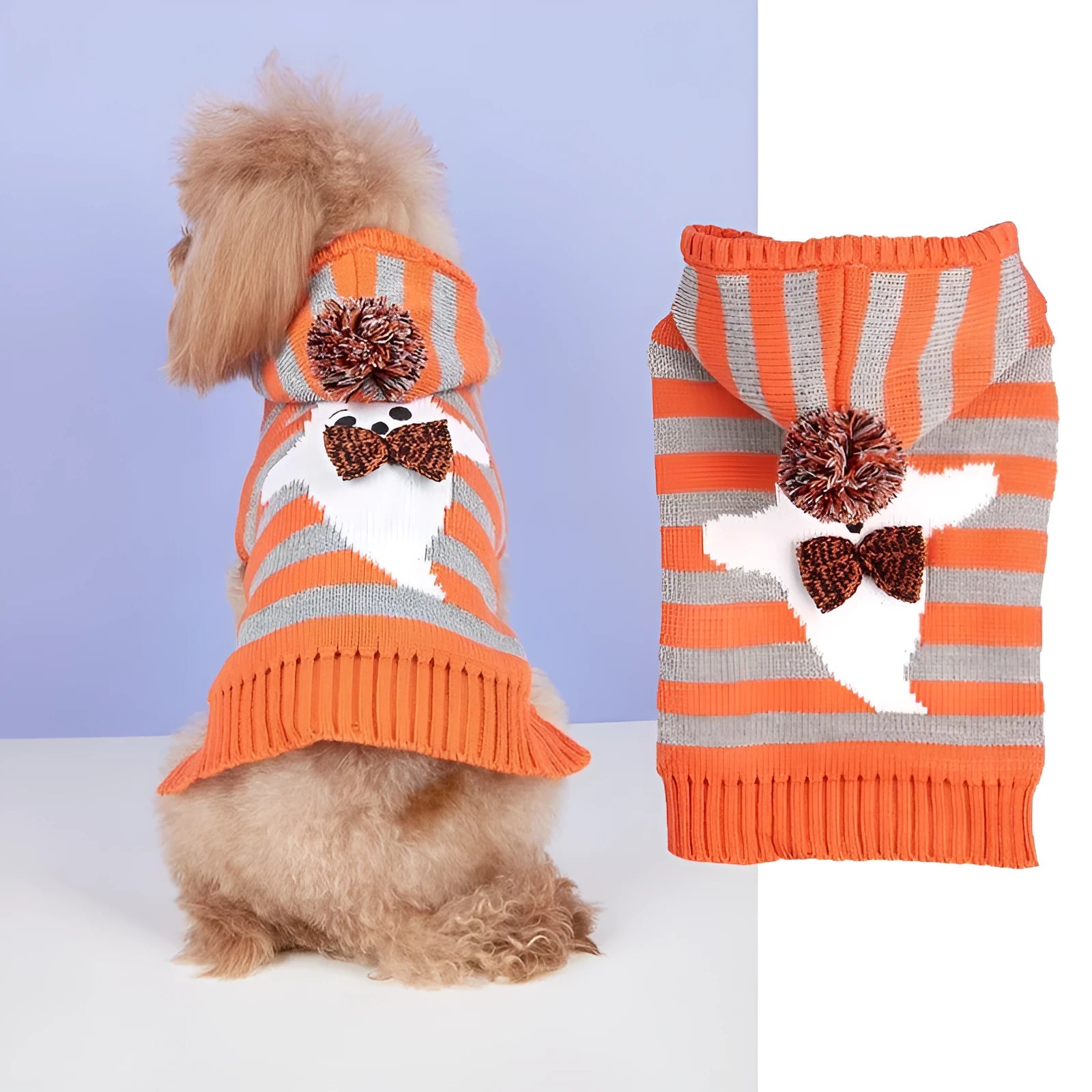 Orange knitted hooded pet sweater with contrast stripes and fur ball for small dogs and cats