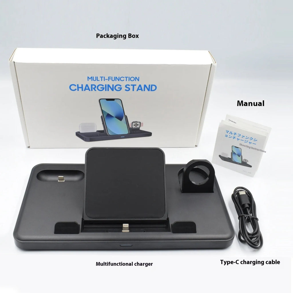 Three-in-one charging base for mobile phone and tablet, black ABS, with devices placed in the stand
