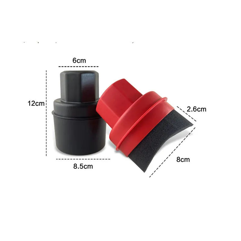 Black and red tyre polishing sponge brushes with PP handles and protective lids on a garage worktop