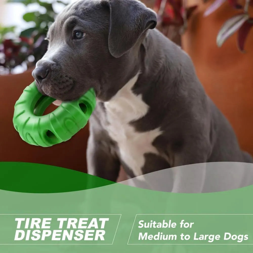 Blue durable natural rubber dog chew toy shaped like a tyre with oval openings.