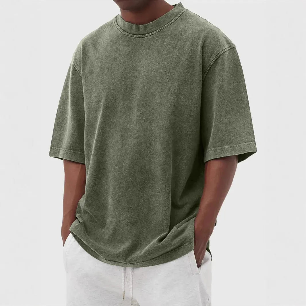 Men's stone washed pullover t-shirt in distressed blue colour with loose casual fit