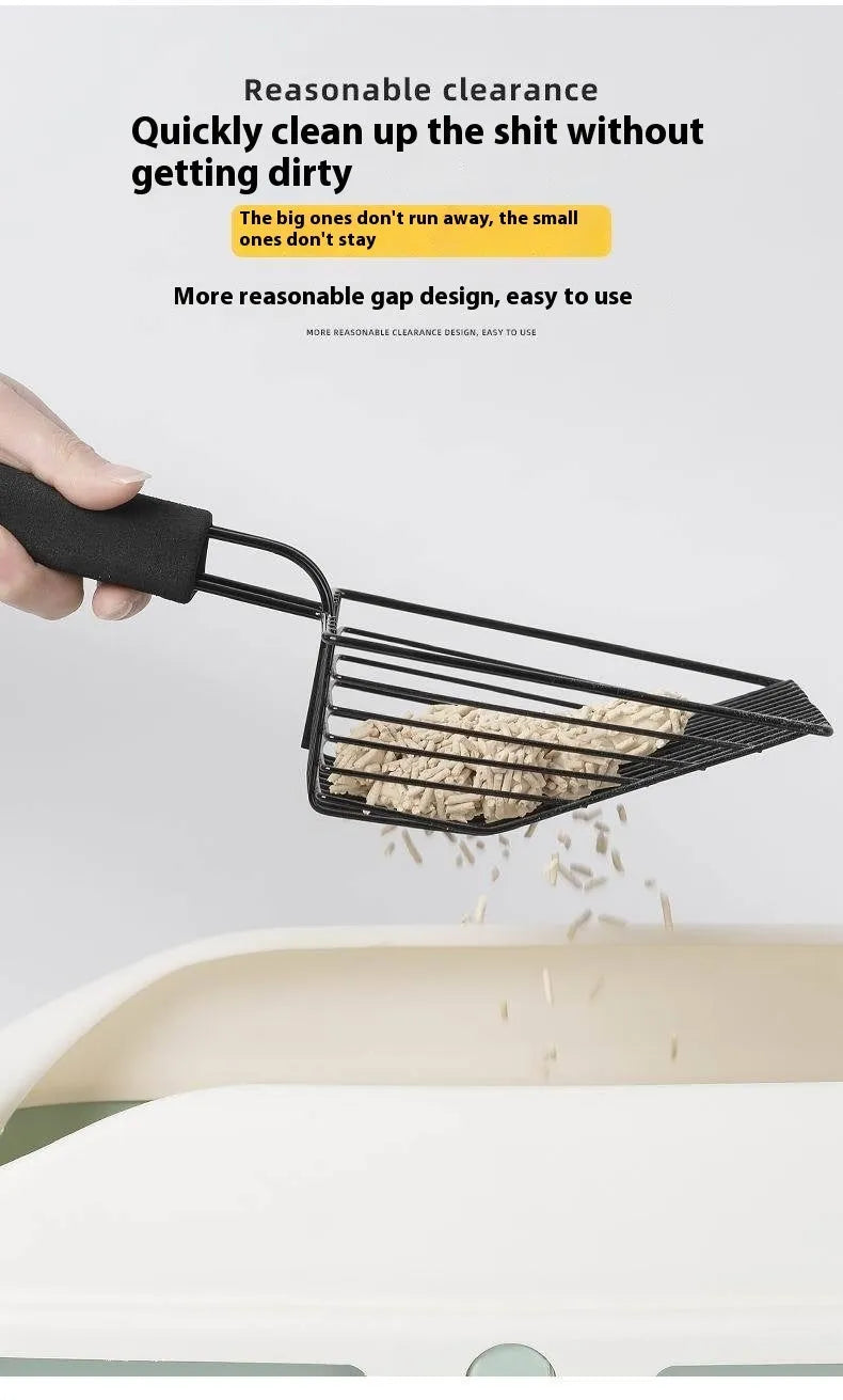 Black metal cat litter scoop with narrow tines for sifting waste from litter.