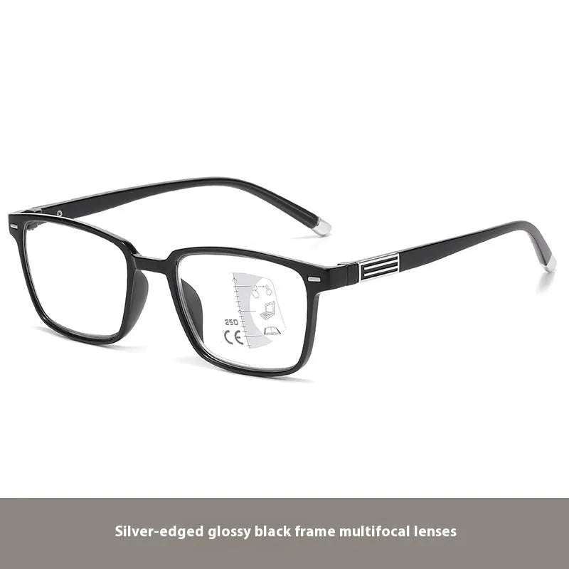 Anti blue light multifocal reading glasses with photochromic lenses in various frame colours