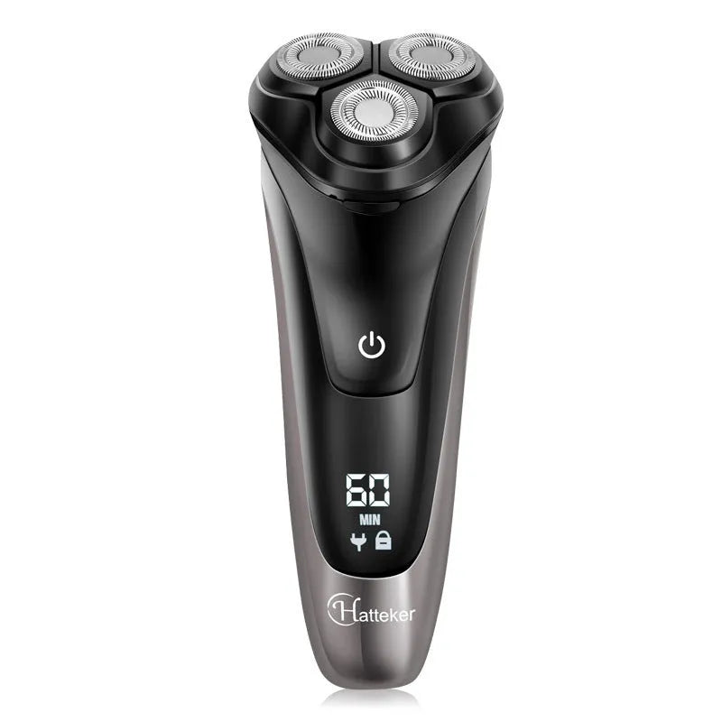 Electric shaver with three floating cutter heads and pop-up sideburn trimmer on display