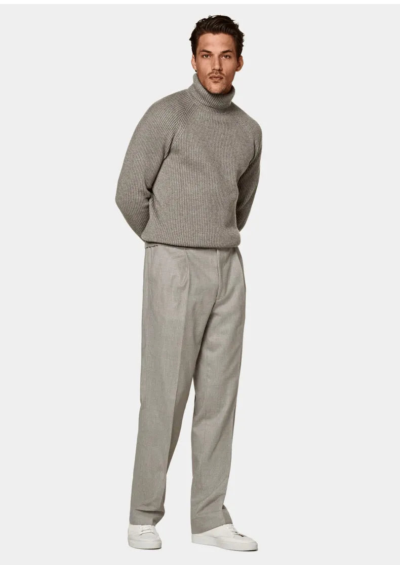 Cashmere men's high-neck knitted sweater in oat colour, long sleeves, 100% goat hair pullover