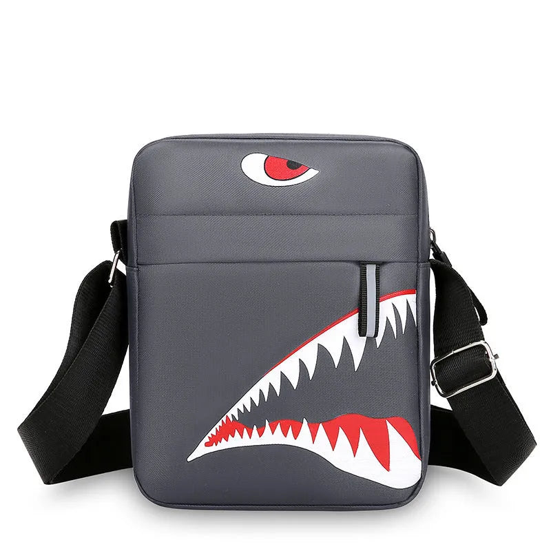 Men's small casual crossbody bag in Oxford cloth, shown in black with adjustable strap and animal print lining visible.