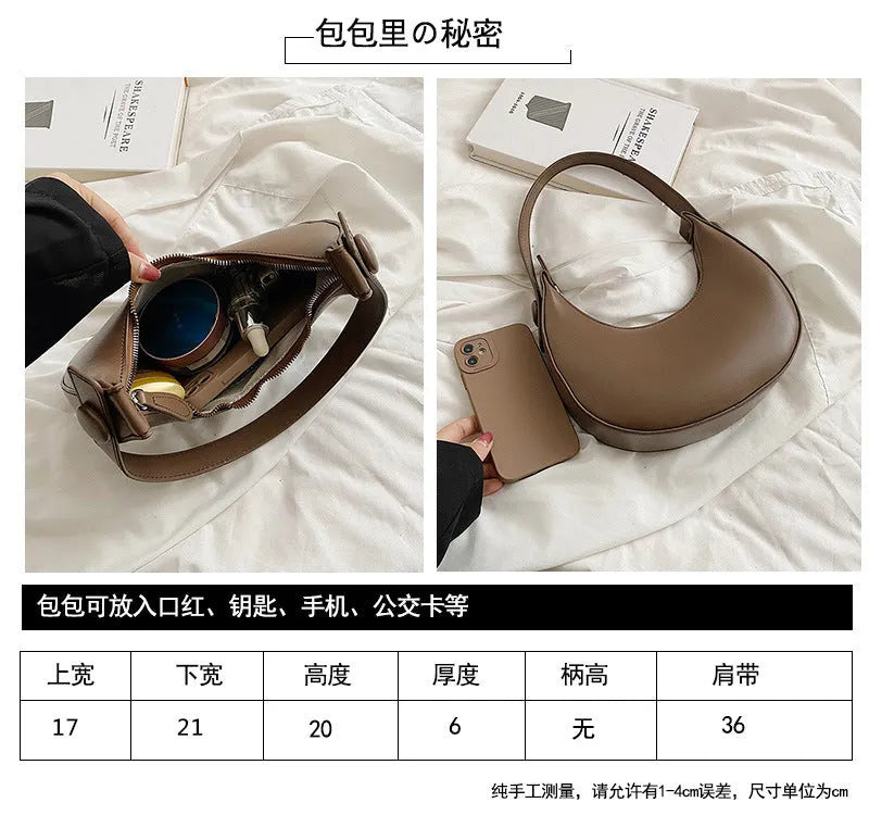 Women's retro dumpling-shaped shoulder bag in PU leather with zipper compartment interior