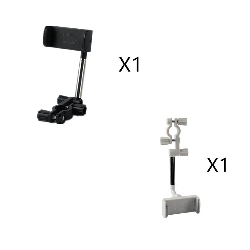 Black ABS plastic mobile phone bracket mounted on a car rearview mirror holding a smartphone