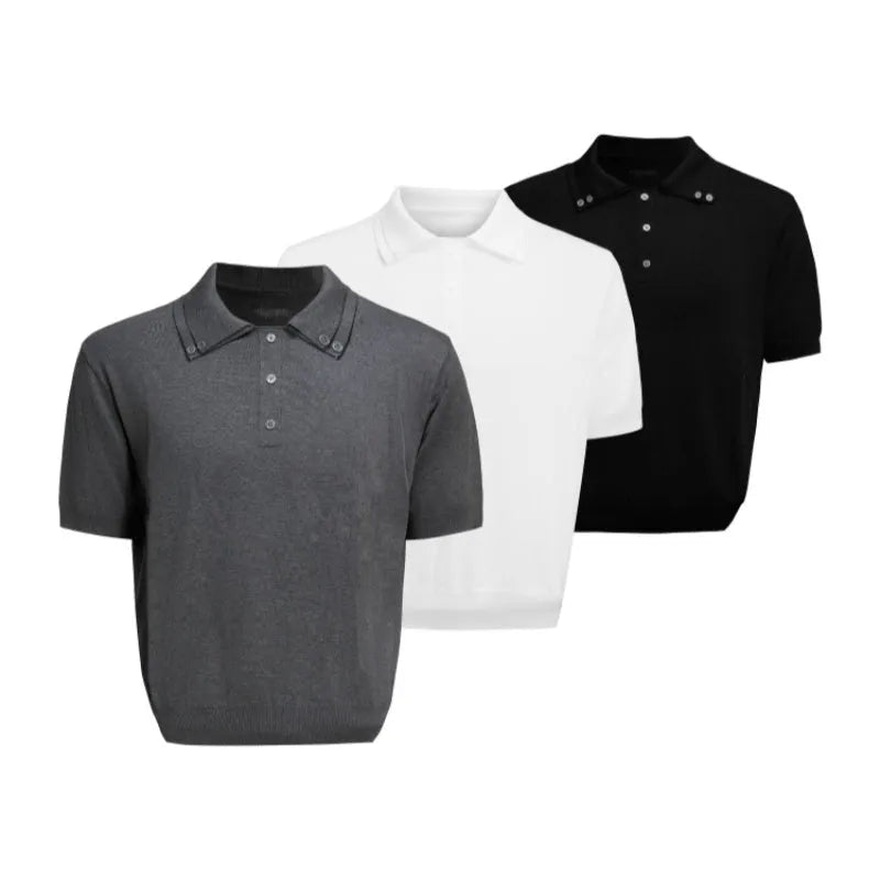 Men's black short sleeve knit shirt with a double collar lapel design and slim loose fit