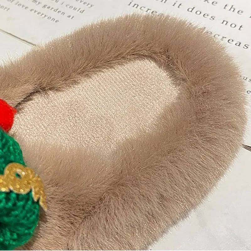 Women's super hairy faux plush slippers with a Christmas hat decoration design, shown in available colours.