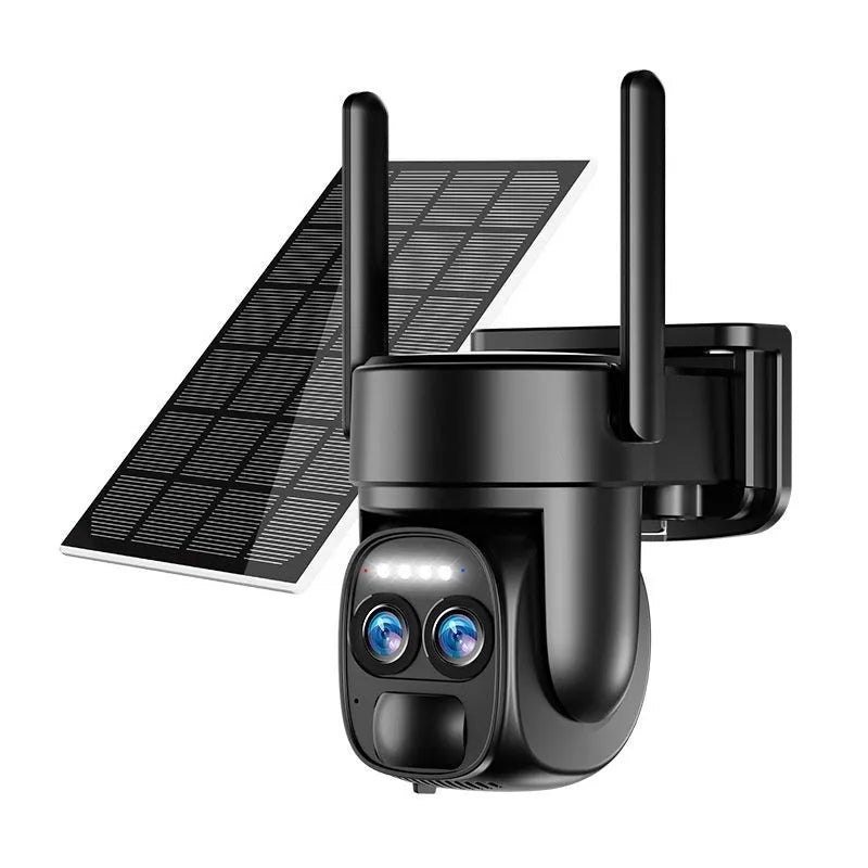Solar powered surveillance camera with 8x zoom lens mounted on wall bracket