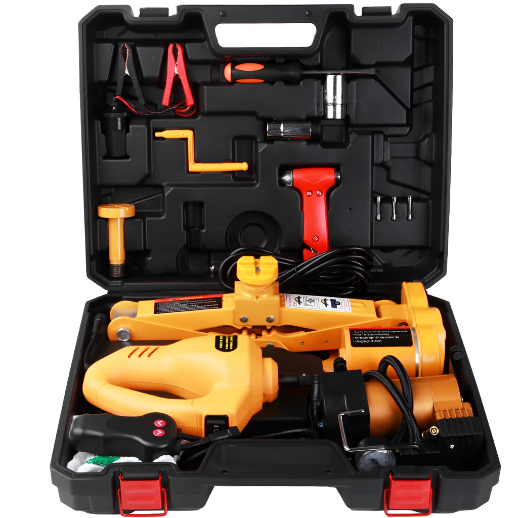 Yellow steel electric car jack set with wrench for roadside tyre changes