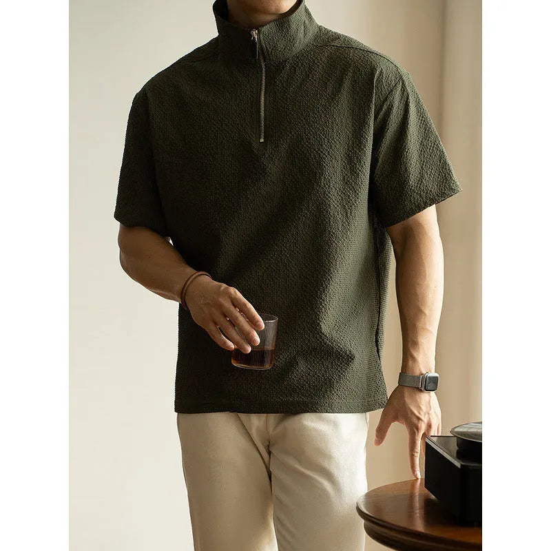 American quick-drying ice silk polyester short sleeve shirt in cedar green, loose fit, summer casual style