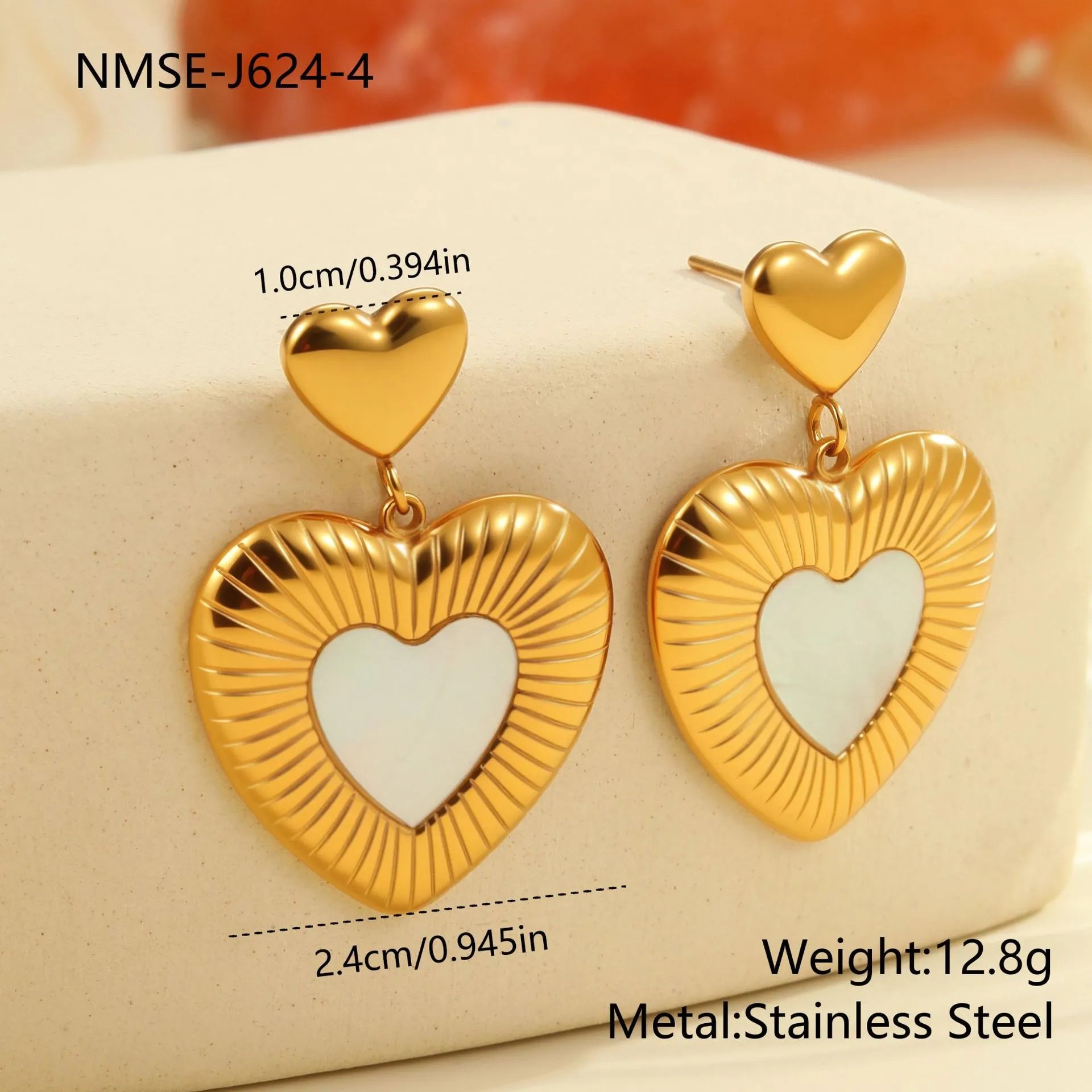 Gold electroplated stainless steel heart earrings with white fritillary pattern