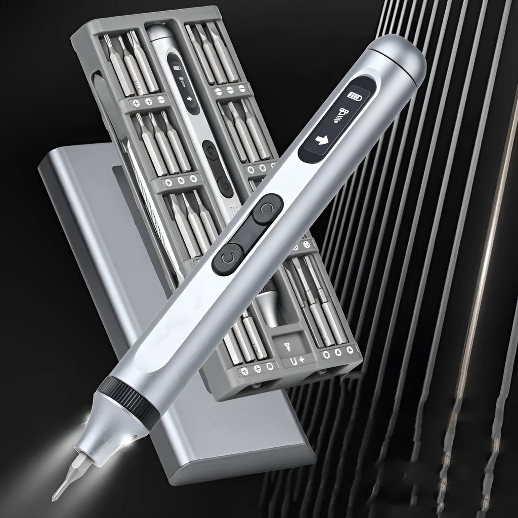 Compact aluminium alloy precision electric screwdriver on a workbench.