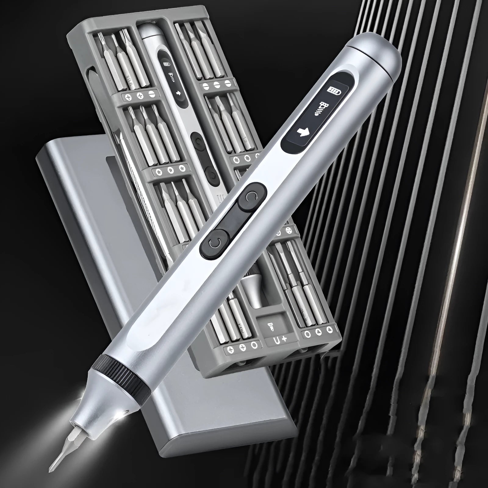 Compact aluminium alloy precision electric screwdriver on a workbench.