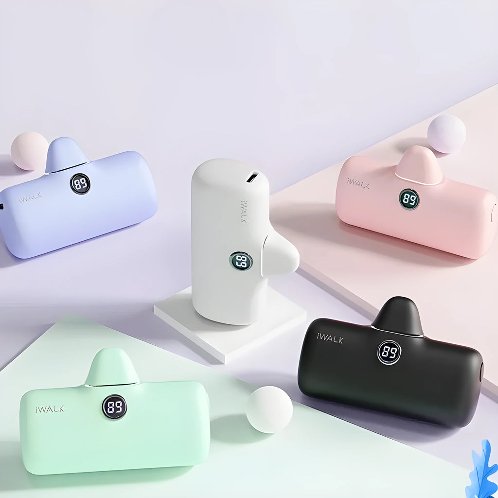 Lipstick-shaped portable power bank in multiple colours showing digital display and charging ports