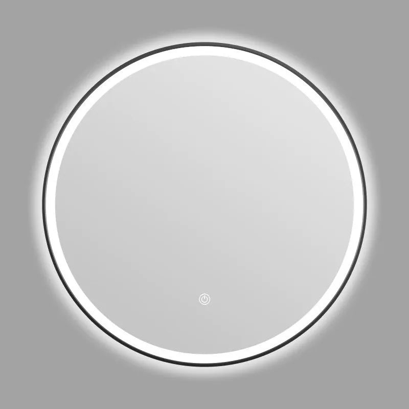 Round black aluminum alloy framed LED bathroom makeup mirror mounted on wall with touch control.